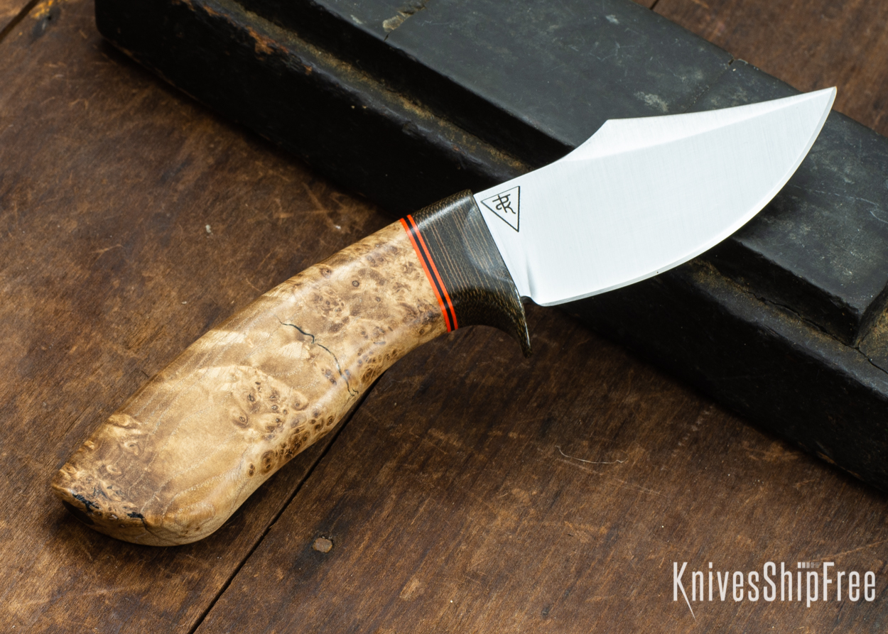Dark Timber Knives: Dark Knight Skinner AEBL - Black Ash Burl - Green Guard - Org/Blk/Org Spacer - 121857