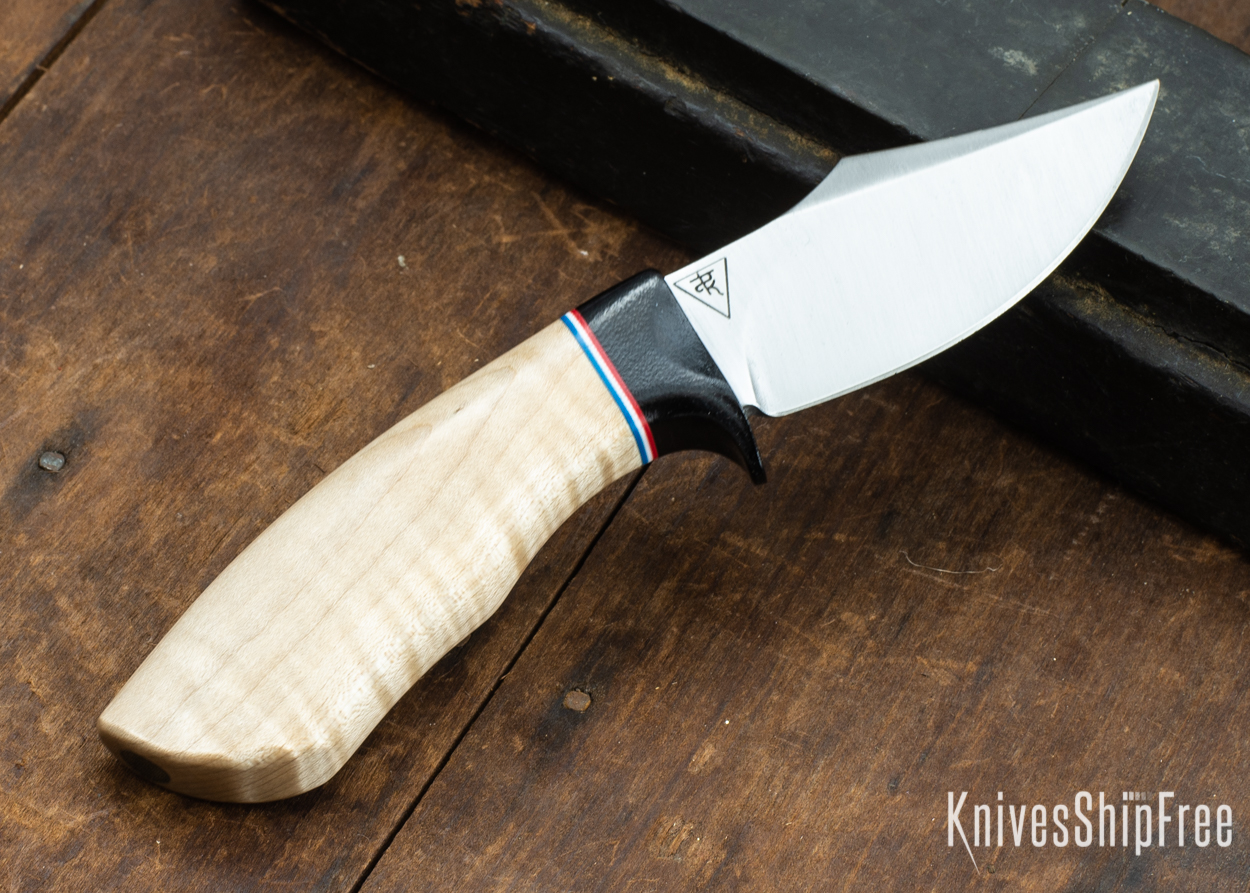 Dark Timber Knives: Dark Knight Skinner AEBL - Natural Curly Maple - Black Guard - Red/Wht/Blue Spacer - 121807
