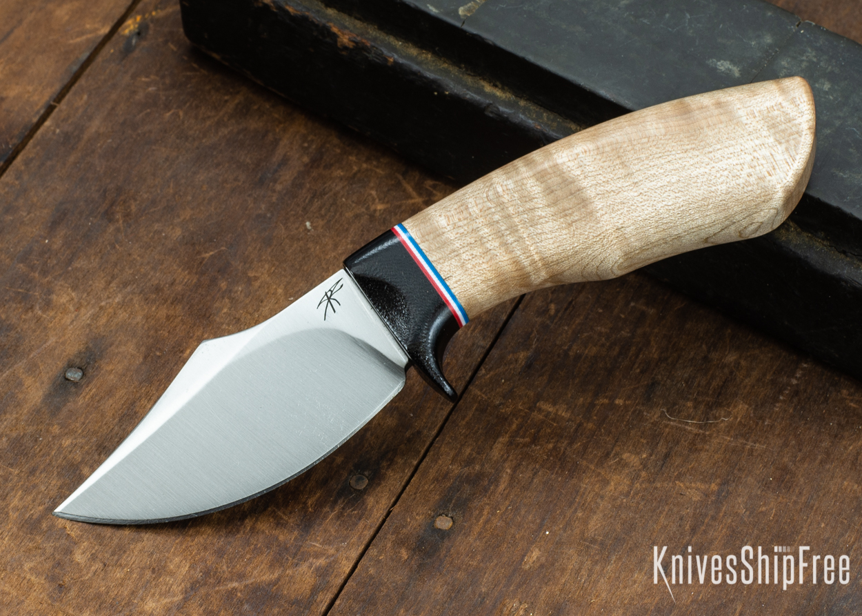 Dark Timber Knives: Dark Knight Skinner AEBL - Natural Curly Maple - Black Guard - Red/Wht/Blue Spacer - 121808