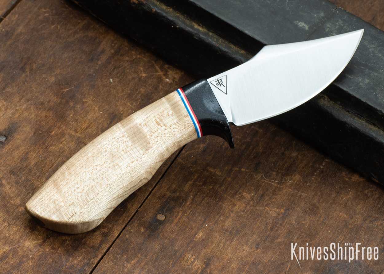 Dark Timber Knives: Dark Knight Skinner AEBL - Natural Curly Maple - Black Guard - Red/Wht/Blue Spacer - 121808