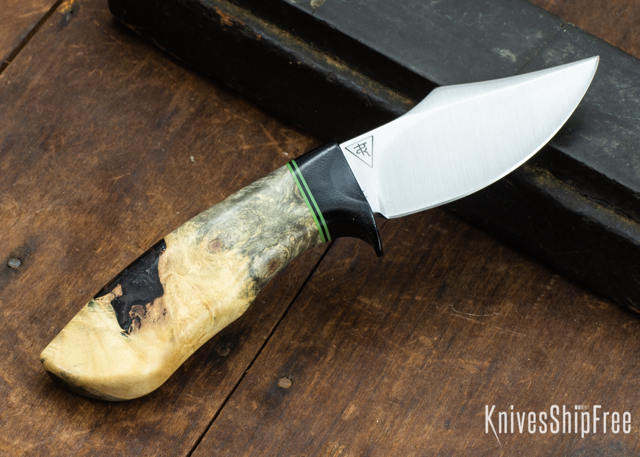 Dark Timber Knives: Dark Knight Skinner AEBL - Buckeye Burl - Black Guard - Grn/Blk/Grn Spacer - 121813