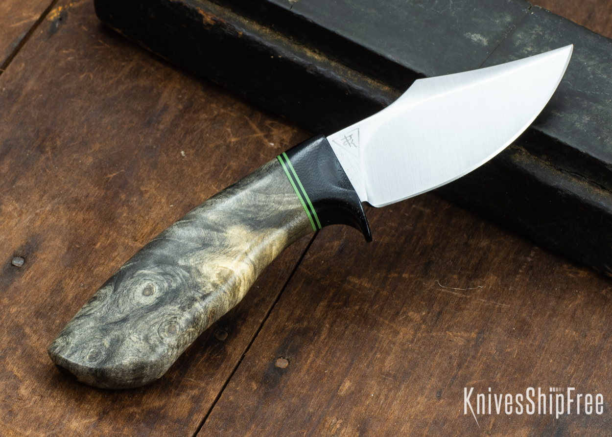 Dark Timber Knives: Dark Knight Skinner AEBL - Buckeye Burl - Black Guard - Grn/Blk/Grn Spacer - 121814