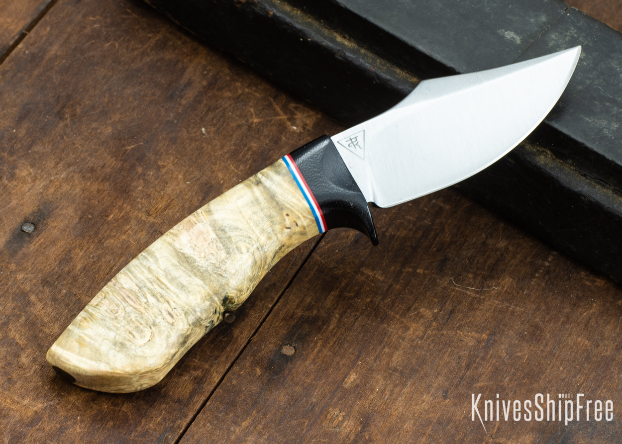 Dark Timber Knives: Dark Knight Skinner AEBL - Buckeye Burl - Black Guard - Red/Wht/Blue Spacer - 121815
