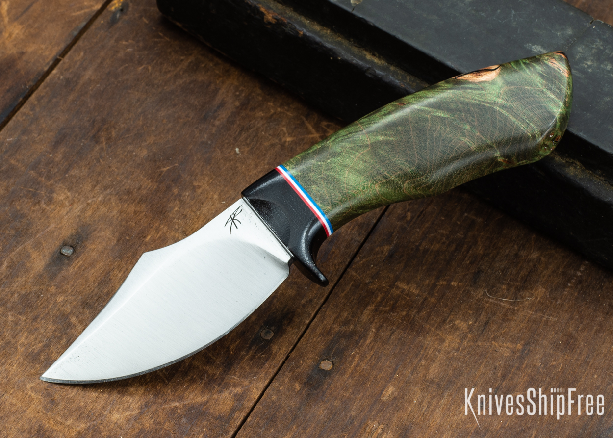 Dark Timber Knives: Dark Knight Skinner AEBL - Green Maple Burl - Black Guard - Red/Wht/Blue Spacer - 121816