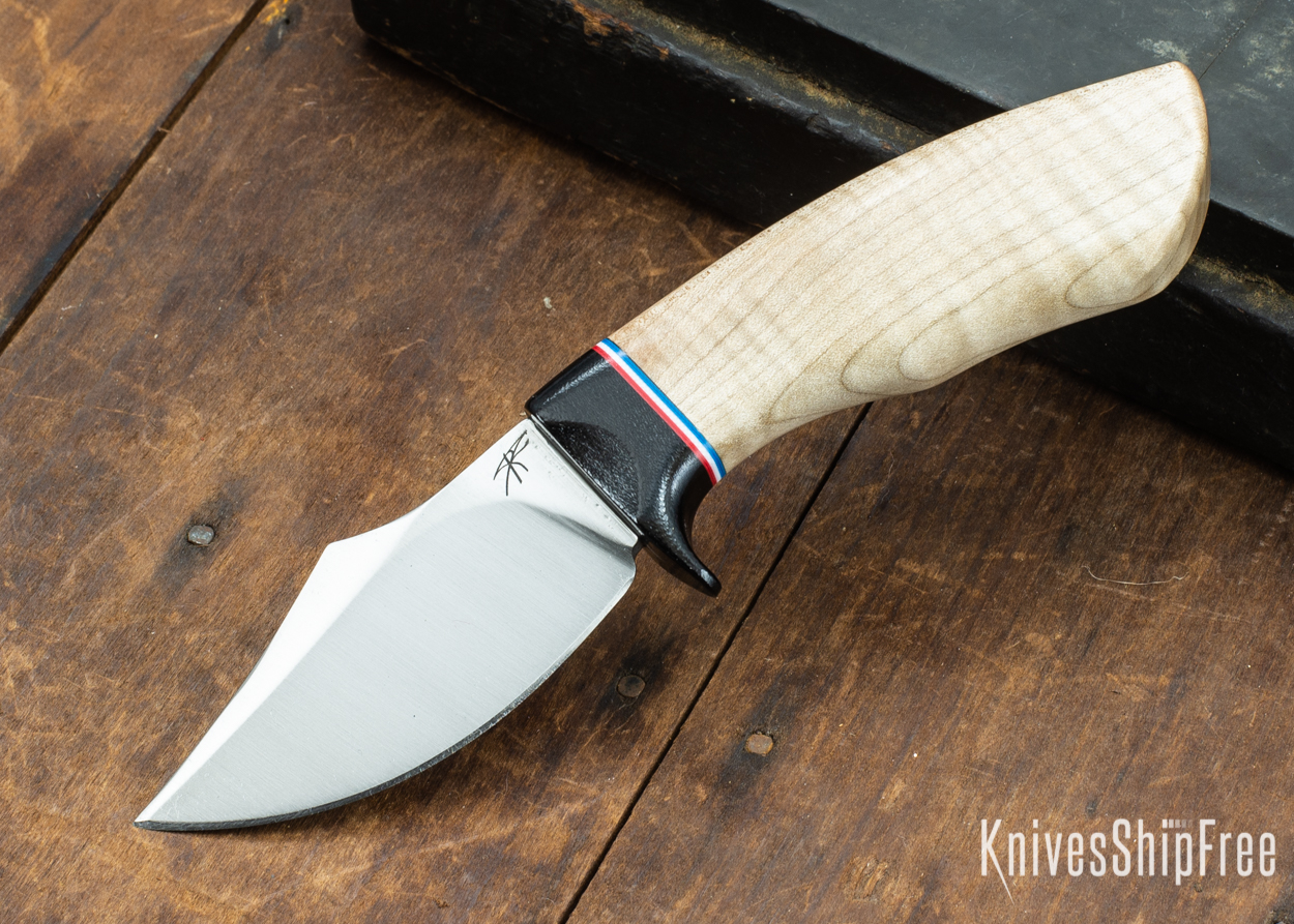 Dark Timber Knives: Dark Knight Skinner AEBL - Natural Curly Maple - Black Guard - Red/Wht/Blue Spacer - 121803