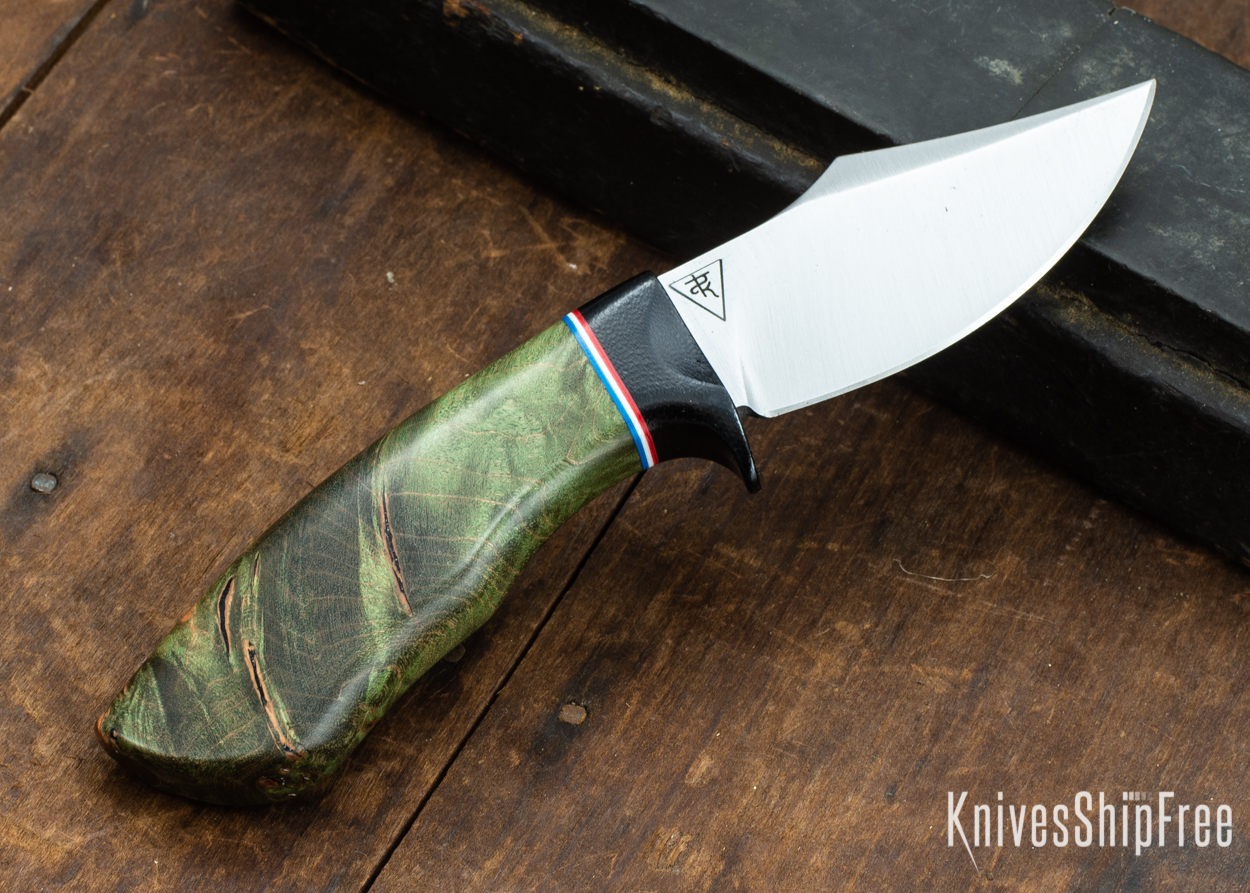 Dark Timber Knives: Dark Knight Skinner AEBL - Green Maple Burl - Black Guard - Red/Wht/Blue Spacer - 121816