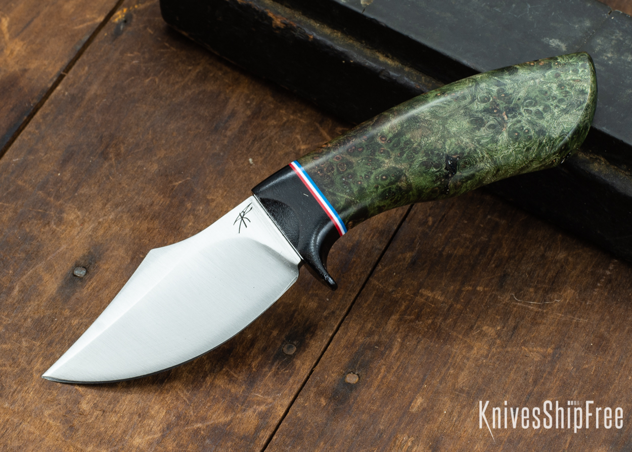 Dark Timber Knives: Dark Knight Skinner AEBL - Green Maple Burl - Black Guard - Red/Wht/Blue Spacer - 121817
