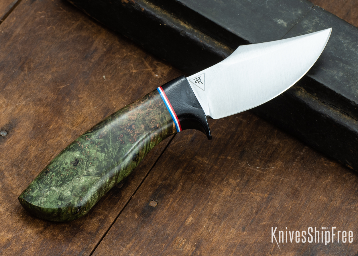Dark Timber Knives: Dark Knight Skinner AEBL - Green Maple Burl - Black Guard - Red/Wht/Blue Spacer - 121817