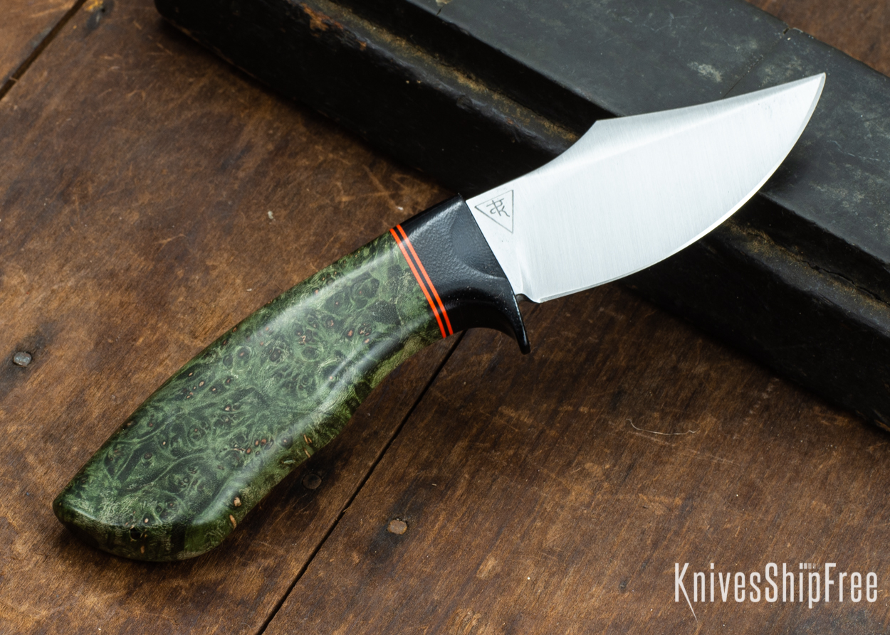Dark Timber Knives: Dark Knight Skinner AEBL - Green Maple Burl - Black Guard - Org/Blk/Org Spacer - 121818
