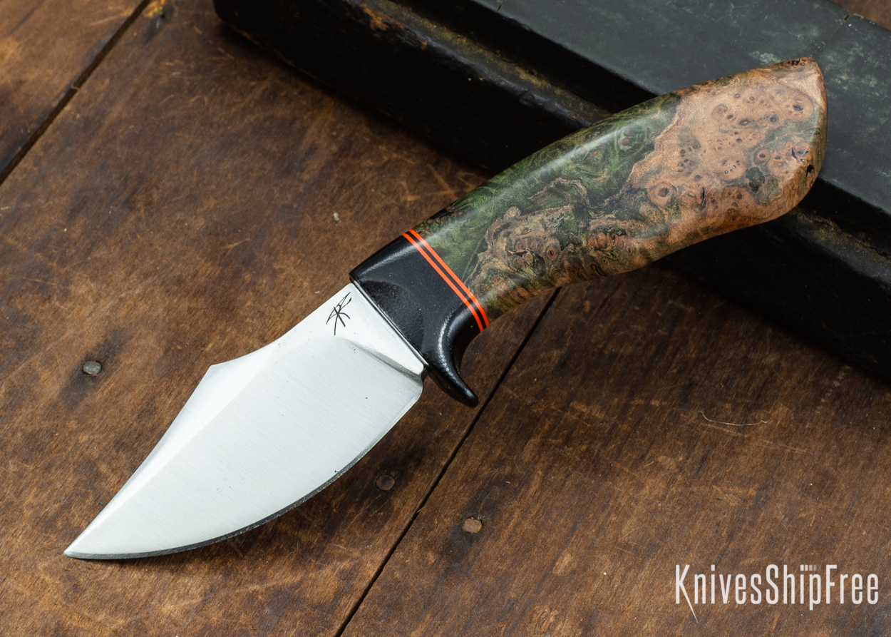 Dark Timber Knives: Dark Knight Skinner AEBL - Green Maple Burl - Black Guard - Org/Blk/Org Spacer - 121819