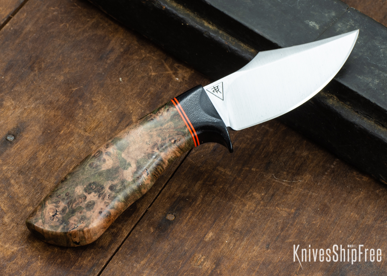 Dark Timber Knives: Dark Knight Skinner AEBL - Green Maple Burl - Black Guard - Org/Blk/Org Spacer - 121819