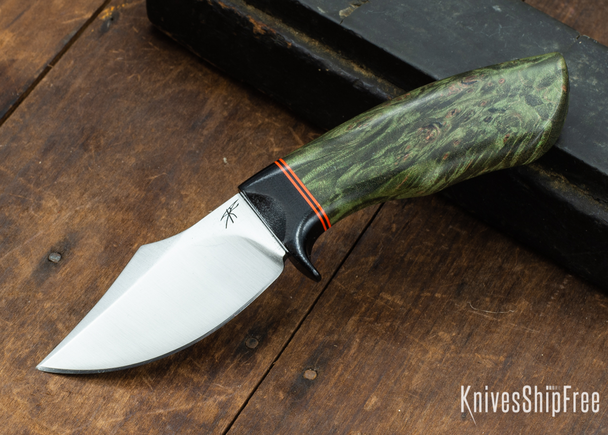 Dark Timber Knives: Dark Knight Skinner AEBL - Green Maple Burl - Black Guard - Org/Blk/Org Spacer - 121820