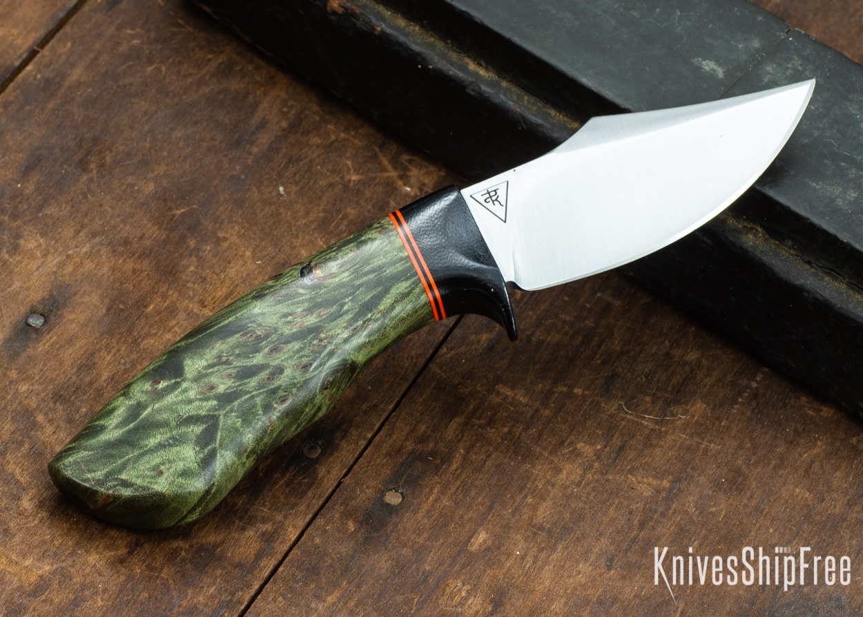 Dark Timber Knives: Dark Knight Skinner AEBL - Green Maple Burl - Black Guard - Org/Blk/Org Spacer - 121820