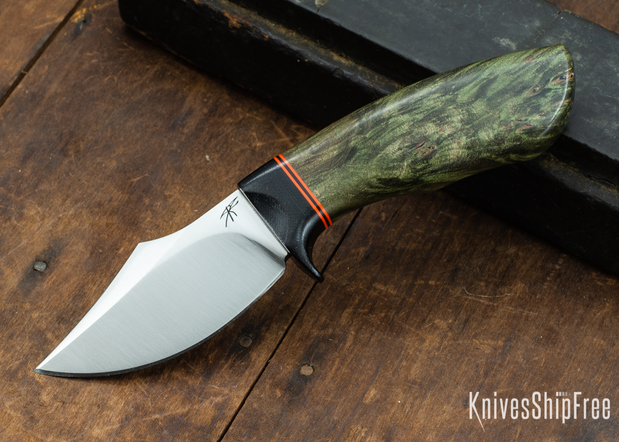 Dark Timber Knives: Dark Knight Skinner AEBL - Green Maple Burl - Black Guard - Org/Blk/Org Spacer - 121821