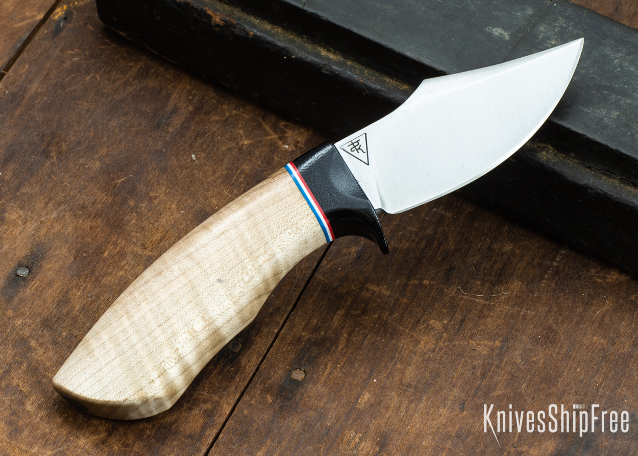 Dark Timber Knives: Dark Knight Skinner AEBL - Natural Curly Maple - Black Guard - Red/Wht/Blue Spacer - 121803