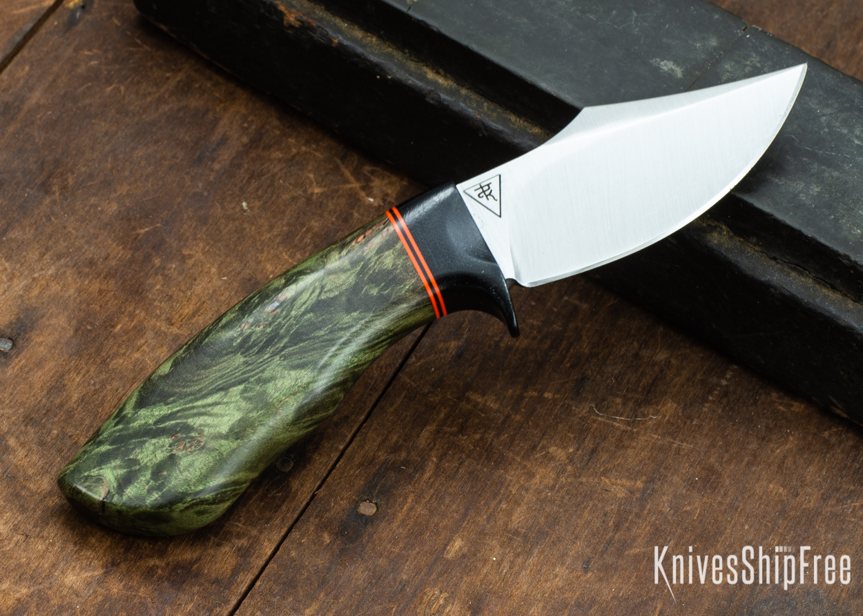 Dark Timber Knives: Dark Knight Skinner AEBL - Green Maple Burl - Black Guard - Org/Blk/Org Spacer - 121821