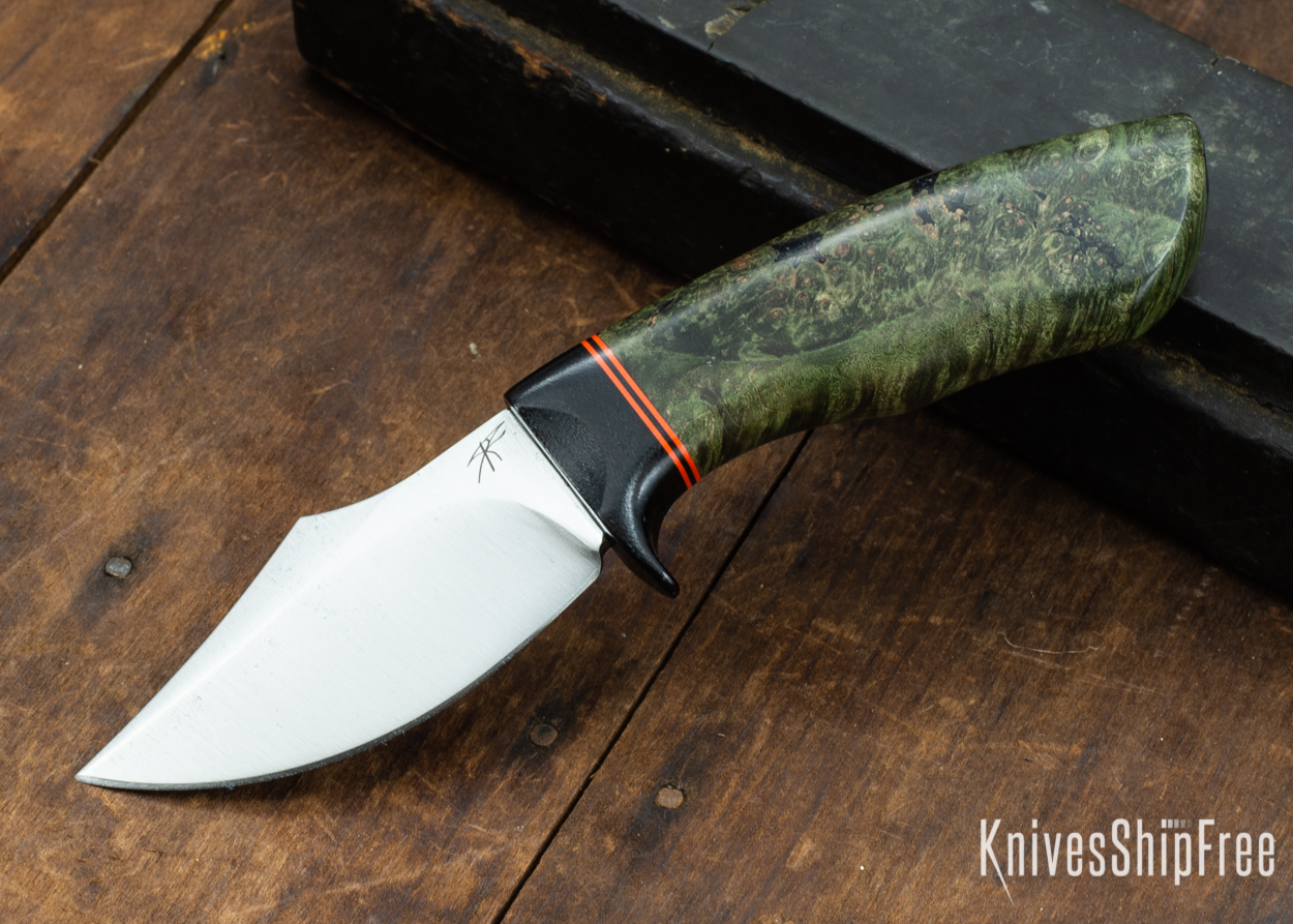 Dark Timber Knives: Dark Knight Skinner AEBL - Green Maple Burl - Black Guard - Org/Blk/Org Spacer - 121822