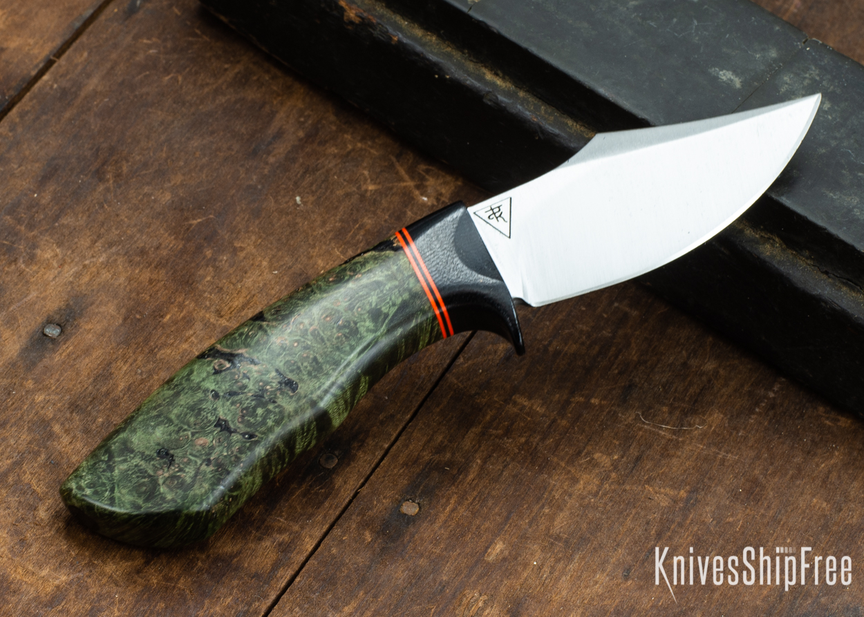 Dark Timber Knives: Dark Knight Skinner AEBL - Green Maple Burl - Black Guard - Org/Blk/Org Spacer - 121822