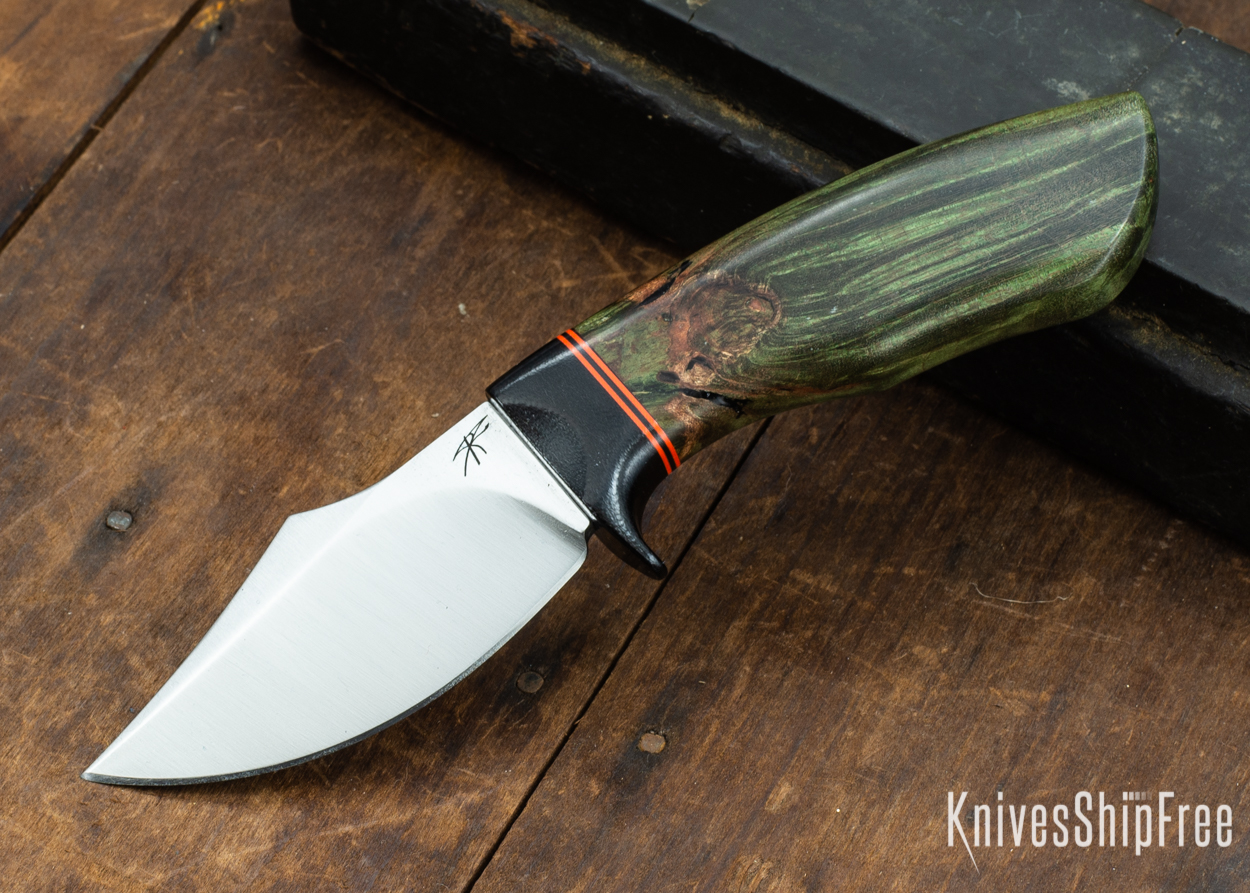 Dark Timber Knives: Dark Knight Skinner AEBL - Green Maple Burl - Black Guard - Org/Blk/Org Spacer - 121823