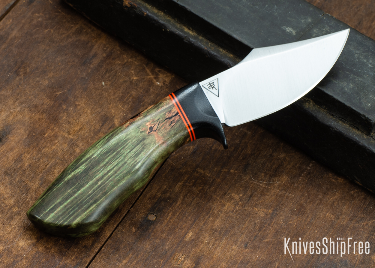 Dark Timber Knives: Dark Knight Skinner AEBL - Green Maple Burl - Black Guard - Org/Blk/Org Spacer - 121823