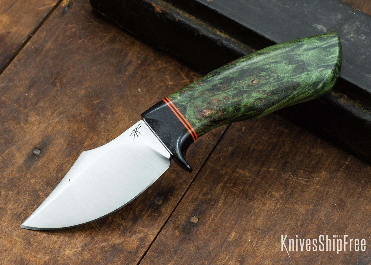 Dark Timber Knives: Dark Knight Skinner AEBL - Green Maple Burl - Black Guard - Org/Blk/Org Spacer - 121824