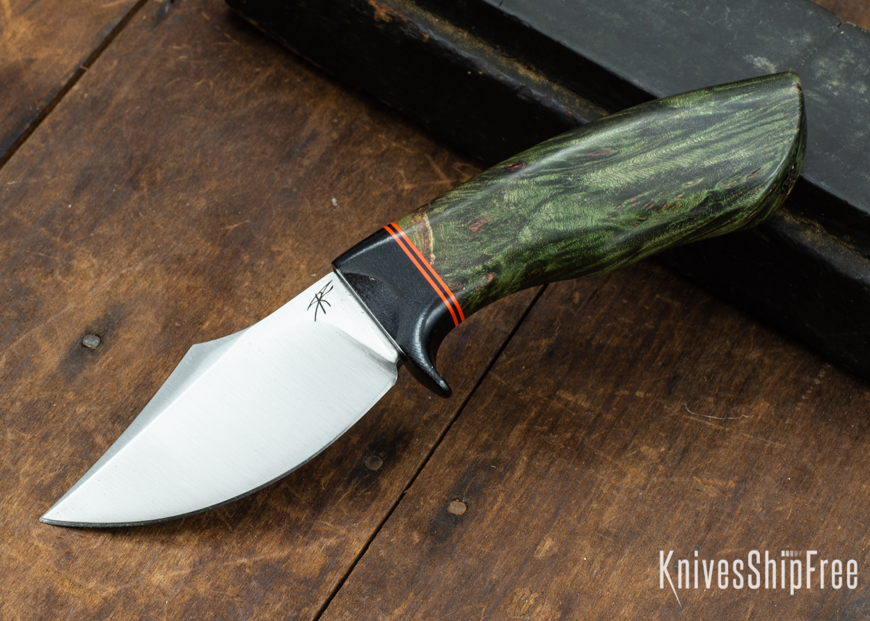 Dark Timber Knives: Dark Knight Skinner AEBL - Green Maple Burl - Black Guard - Org/Blk/Org Spacer - 121825