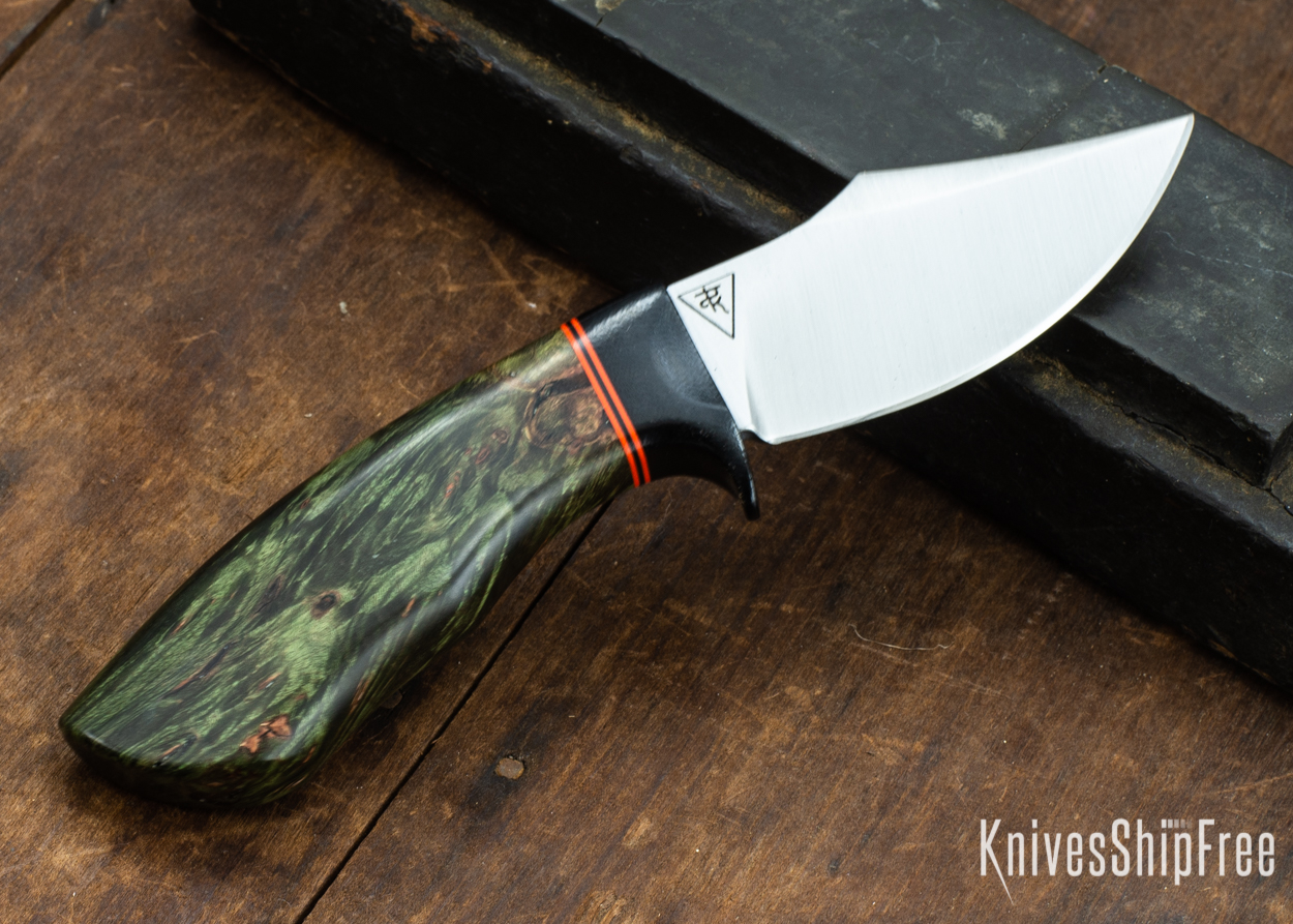 Dark Timber Knives: Dark Knight Skinner AEBL - Green Maple Burl - Black Guard - Org/Blk/Org Spacer - 121825