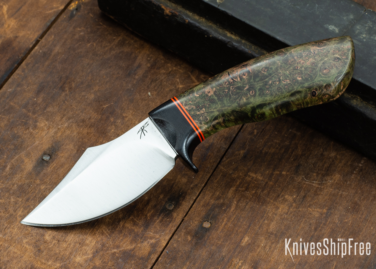 Dark Timber Knives: Dark Knight Skinner AEBL - Green Maple Burl - Black Guard - Org/Blk/Org Spacer - 121826