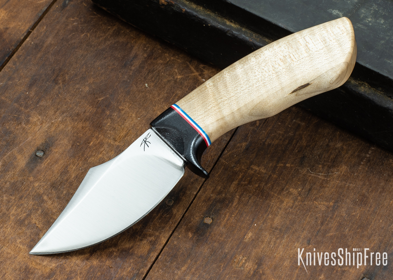 Dark Timber Knives: Dark Knight Skinner AEBL - Natural Curly Maple - Black Guard - Red/Wht/Blue Spacer - 121804