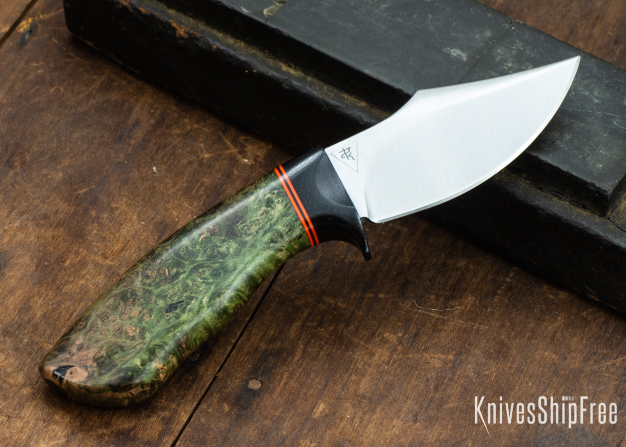 Dark Timber Knives: Dark Knight Skinner AEBL - Green Maple Burl - Black Guard - Org/Blk/Org Spacer - 121826