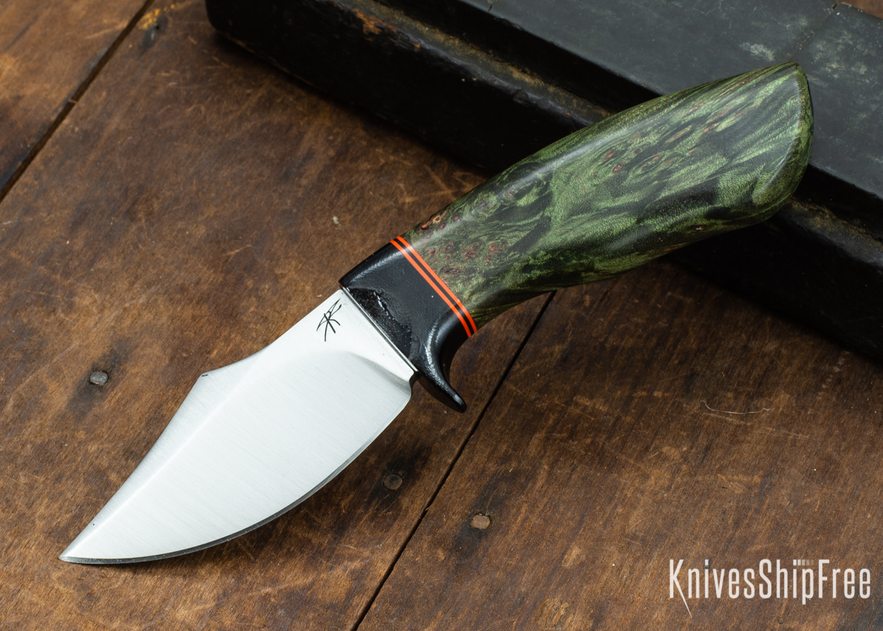 Dark Timber Knives: Dark Knight Skinner AEBL - Green Maple Burl - Black Guard - Org/Blk/Org Spacer - 121827