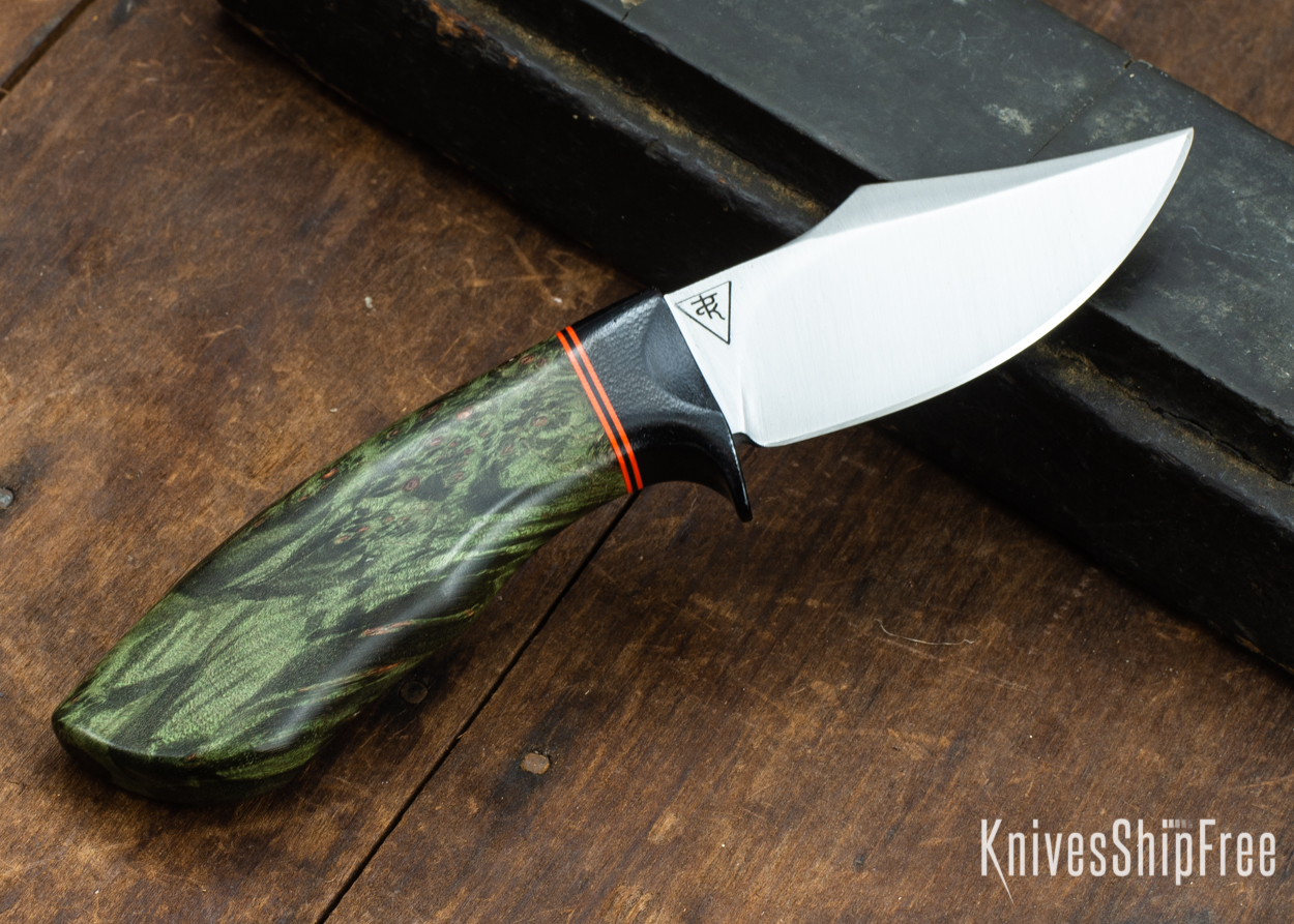 Dark Timber Knives: Dark Knight Skinner AEBL - Green Maple Burl - Black Guard - Org/Blk/Org Spacer - 121827