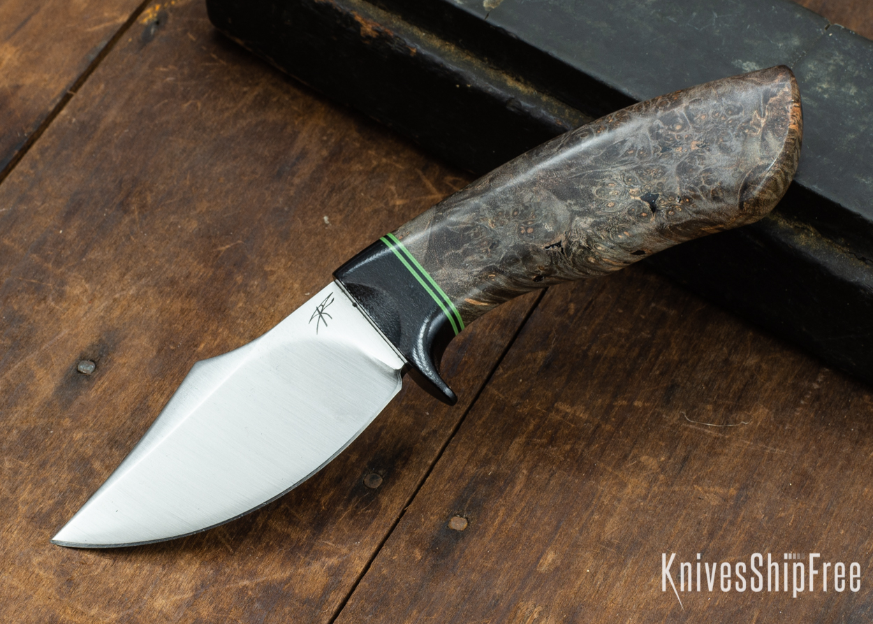 Dark Timber Knives: Dark Knight Skinner AEBL - Dark Maple Burl - Black Guard - Grn/Blk/Grn Spacer - 121828