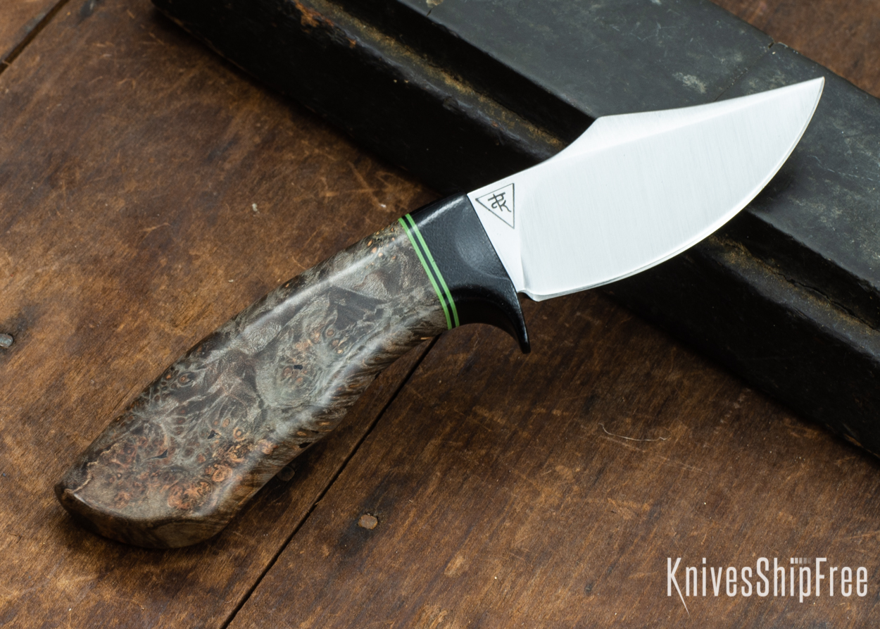 Dark Timber Knives: Dark Knight Skinner AEBL - Dark Maple Burl - Black Guard - Grn/Blk/Grn Spacer - 121828