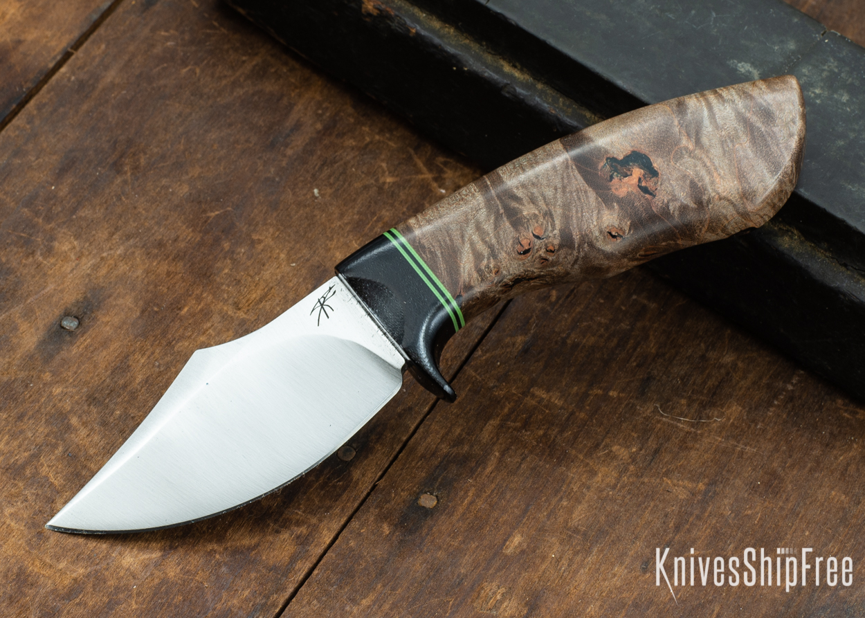 Dark Timber Knives: Dark Knight Skinner AEBL - Dark Maple Burl - Black Guard - Grn/Blk/Grn Spacer - 121829