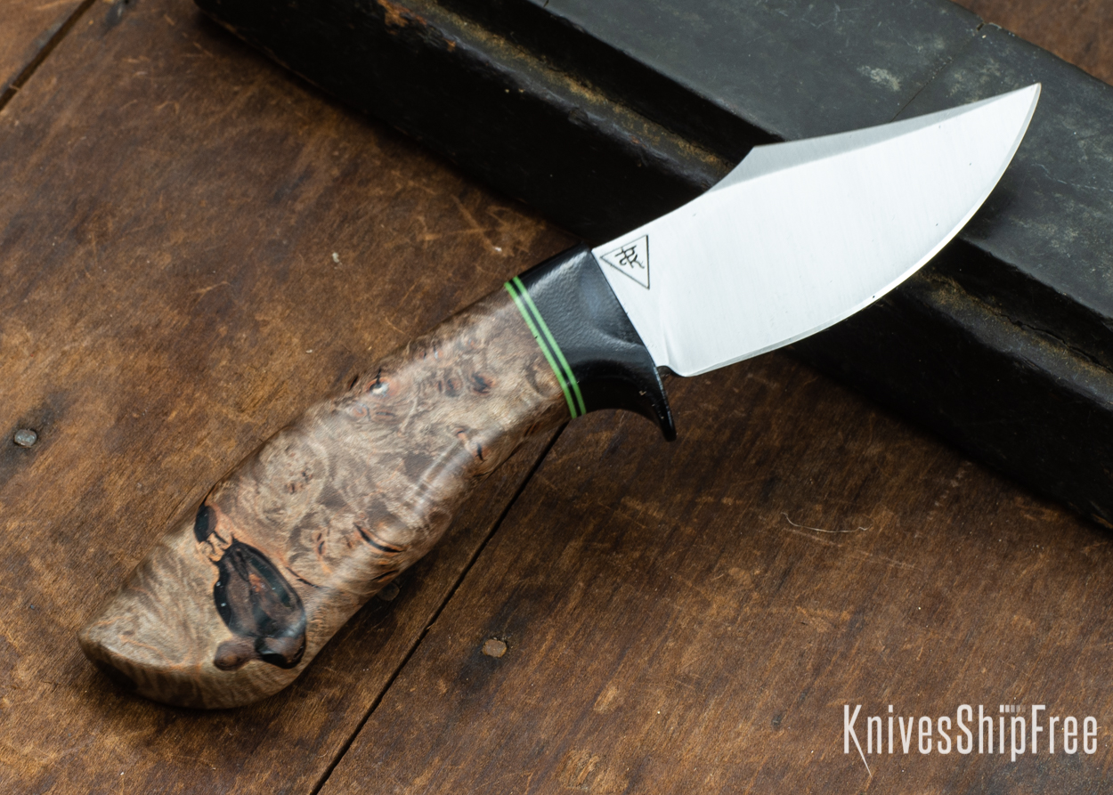 Dark Timber Knives: Dark Knight Skinner AEBL - Dark Maple Burl - Black Guard - Grn/Blk/Grn Spacer - 121829