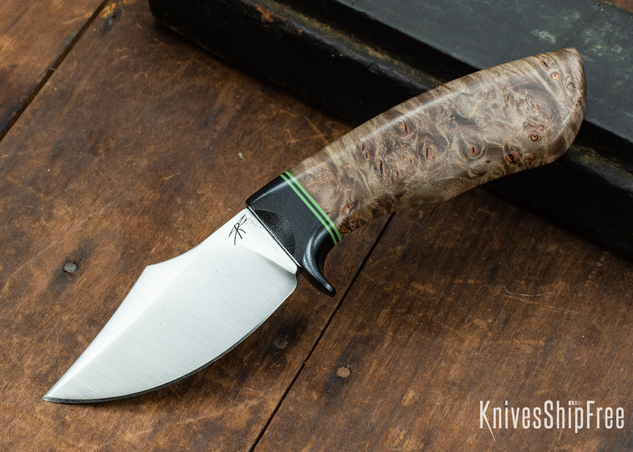 Dark Timber Knives: Dark Knight Skinner AEBL - Dark Maple Burl - Black Guard - Grn/Blk/Grn Spacer - 121830