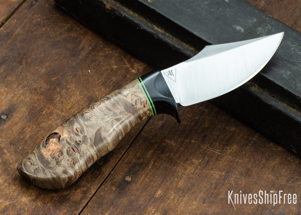 Dark Timber Knives: Dark Knight Skinner AEBL - Dark Maple Burl - Black Guard - Grn/Blk/Grn Spacer - 121830