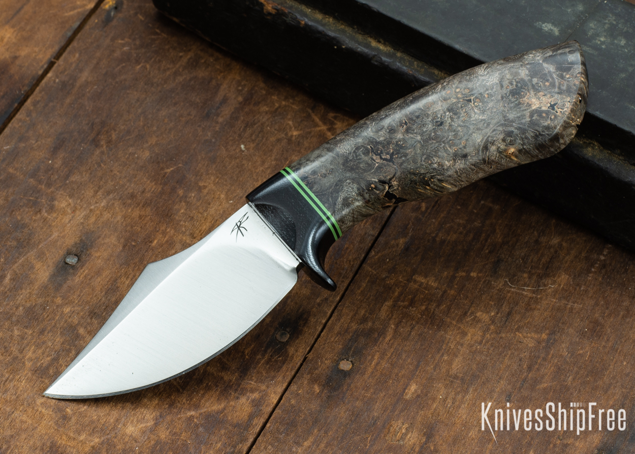 Dark Timber Knives: Dark Knight Skinner AEBL - Dark Maple Burl - Black Guard - Grn/Blk/Grn Spacer - 121831