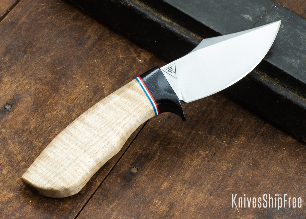 Dark Timber Knives: Dark Knight Skinner AEBL - Natural Curly Maple - Black Guard - Red/Wht/Blue Spacer - 121804