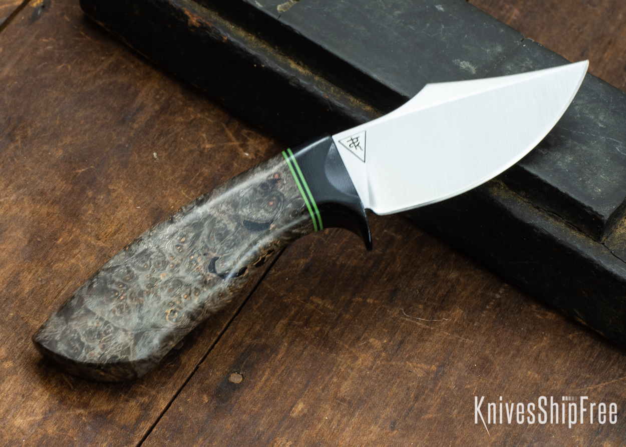 Dark Timber Knives: Dark Knight Skinner AEBL - Dark Maple Burl - Black Guard - Grn/Blk/Grn Spacer - 121831
