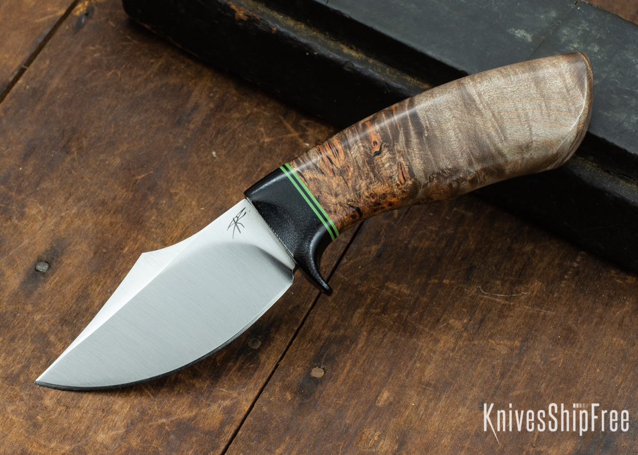 Dark Timber Knives: Dark Knight Skinner AEBL - Dark Maple Burl - Black Guard - Grn/Blk/Grn Spacer - 121832