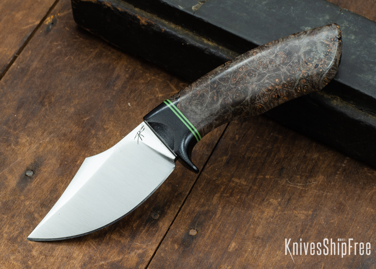 Dark Timber Knives: Dark Knight Skinner AEBL - Dark Maple Burl - Black Guard - Grn/Blk/Grn Spacer - 121833