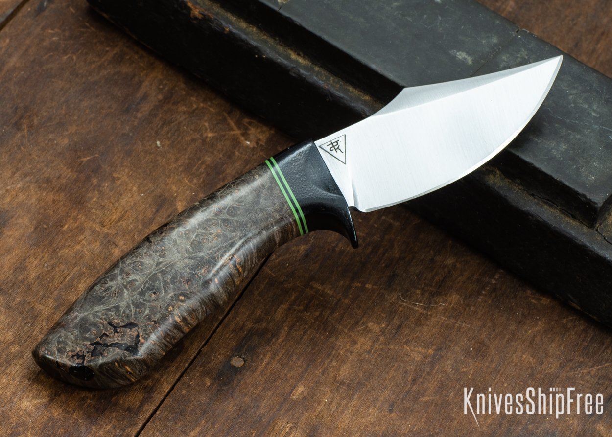 Dark Timber Knives: Dark Knight Skinner AEBL - Dark Maple Burl - Black Guard - Grn/Blk/Grn Spacer - 121833