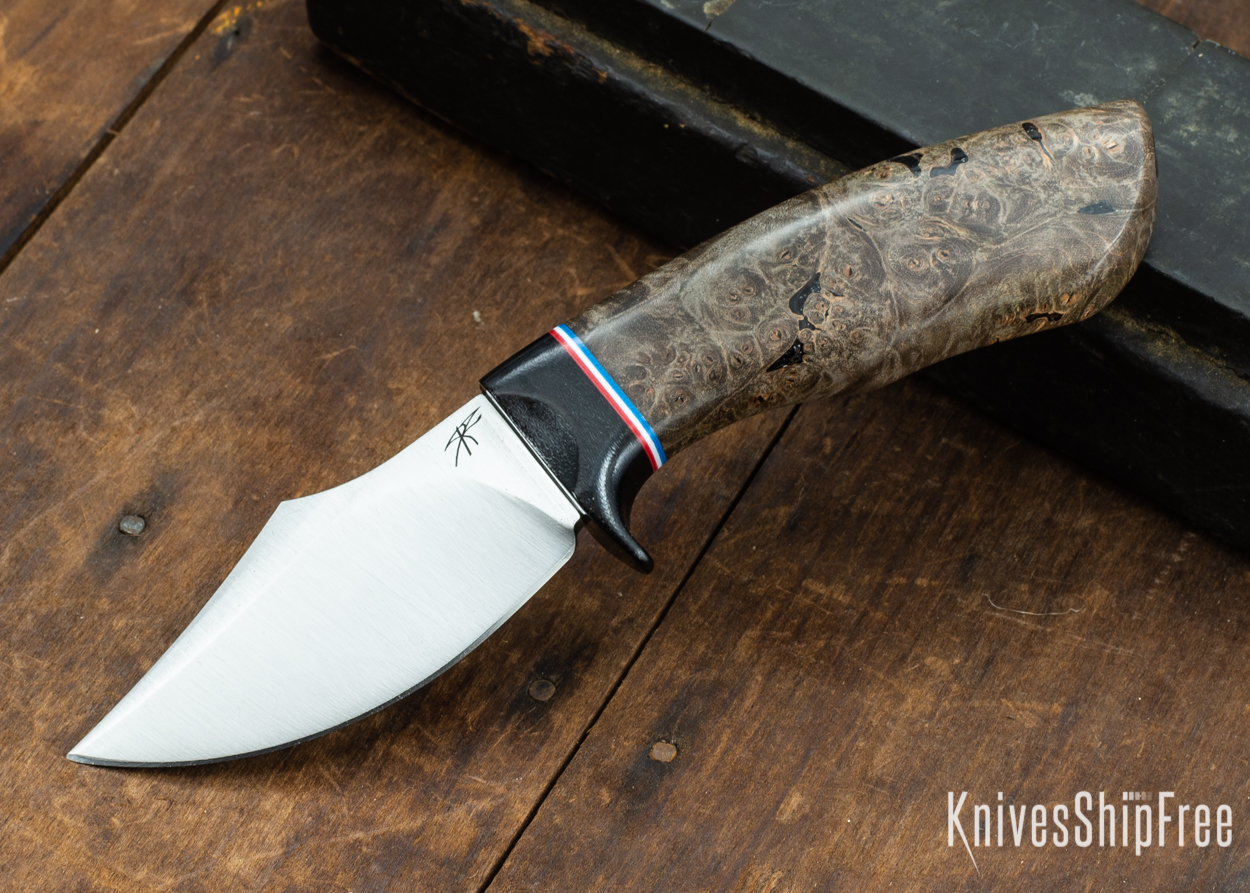 Dark Timber Knives: Dark Knight Skinner AEBL - Dark Maple Burl - Black Guard - Red/Wht/Blue Spacer - 121834