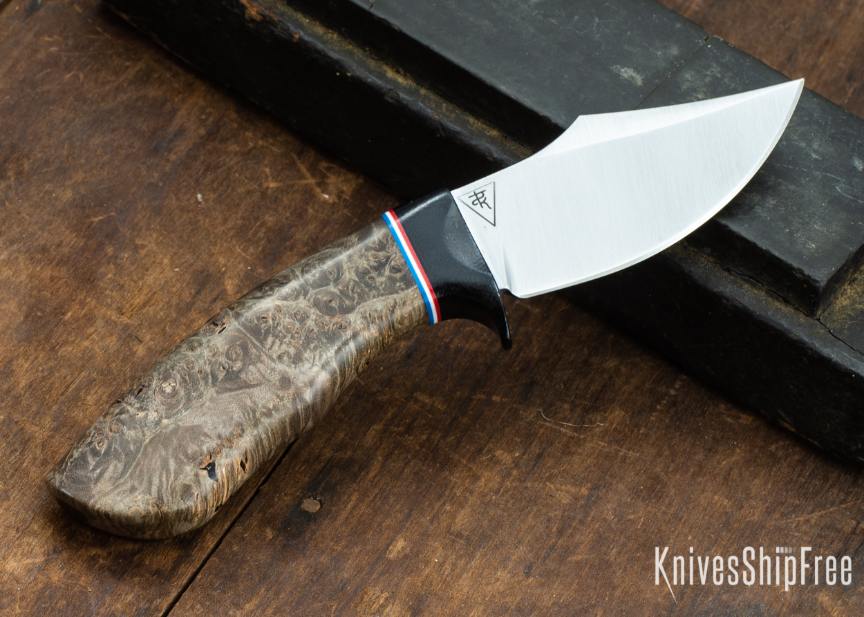 Dark Timber Knives: Dark Knight Skinner AEBL - Dark Maple Burl - Black Guard - Red/Wht/Blue Spacer - 121834