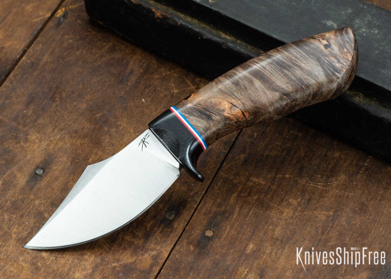 Dark Timber Knives: Dark Knight Skinner AEBL - Dark Maple Burl - Black Guard - Red/Wht/Blue Spacer - 121835