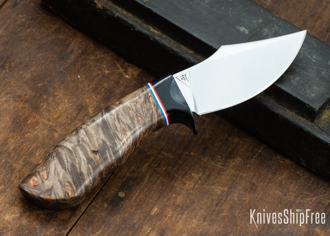 Dark Timber Knives: Dark Knight Skinner AEBL - Dark Maple Burl - Black Guard - Red/Wht/Blue Spacer - 121835