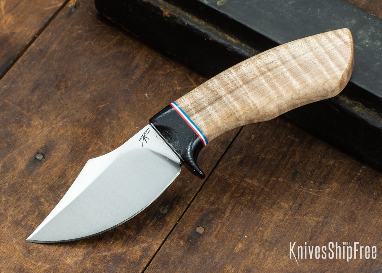 Dark Timber Knives: Dark Knight Skinner AEBL - Natural Curly Maple - Black Guard - Red/Wht/Blue Spacer - 121805