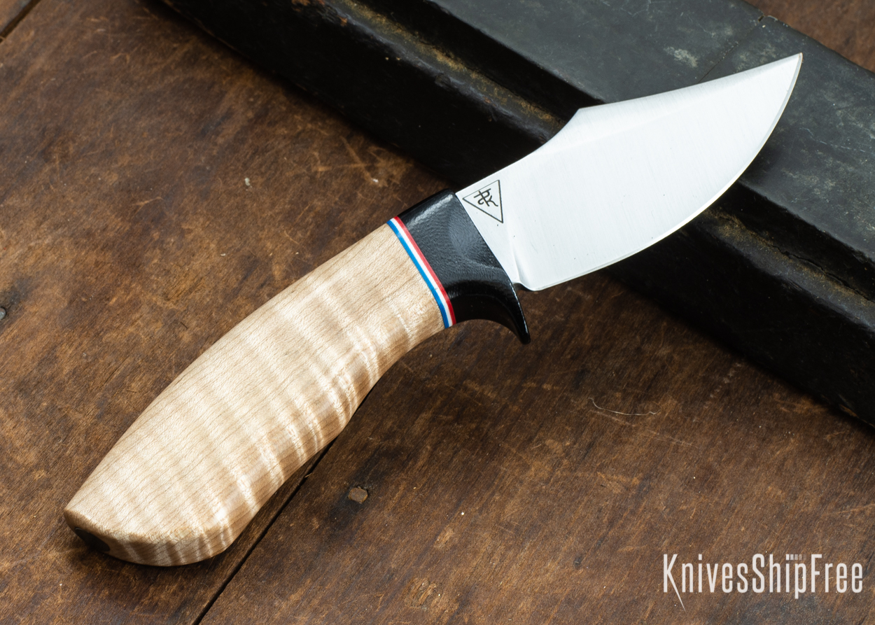Dark Timber Knives: Dark Knight Skinner AEBL - Natural Curly Maple - Black Guard - Red/Wht/Blue Spacer - 121805